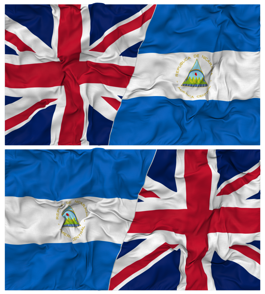 Nicaragua and United Kingdom Half Combined Flags Background with Cloth Bump Texture, Bilateral Relations, Peace and Conflict, 3D Rendering png