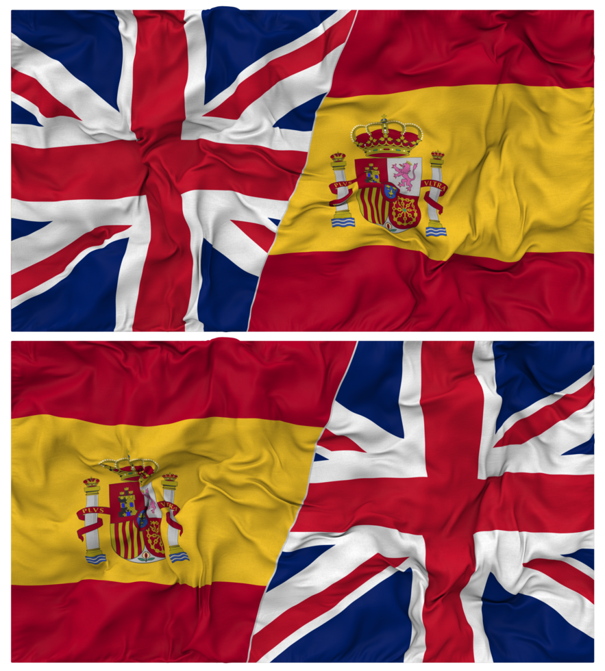 Spain and United Kingdom Half Combined Flags Background with Cloth Bump Texture, Bilateral Relations, Peace and Conflict, 3D Rendering png
