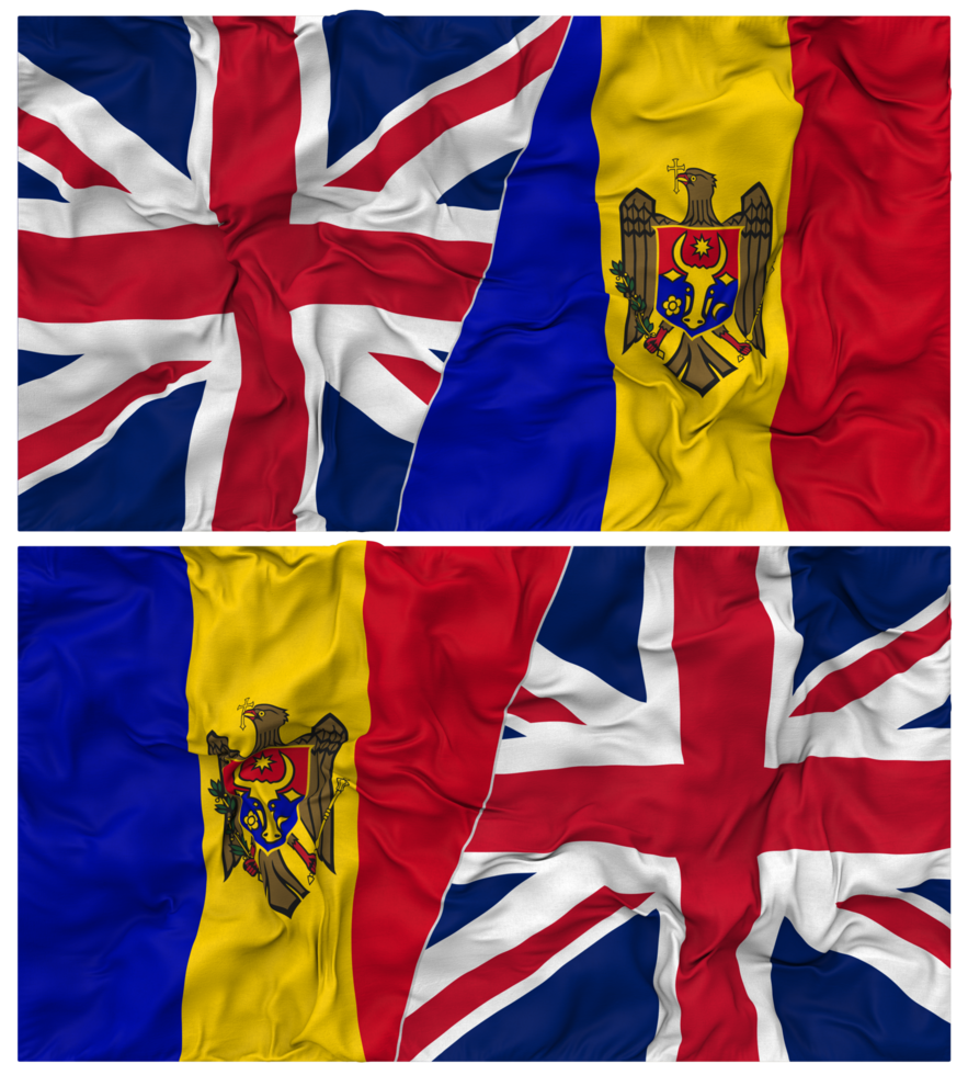 Moldova and United Kingdom Half Combined Flags Background with Cloth Bump Texture, Bilateral Relations, Peace and Conflict, 3D Rendering png