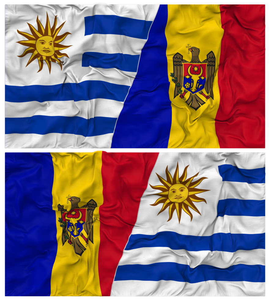 Moldova and Uruguay Half Combined Flags Background with Cloth Bump Texture, Bilateral Relations, Peace and Conflict, 3D Rendering png