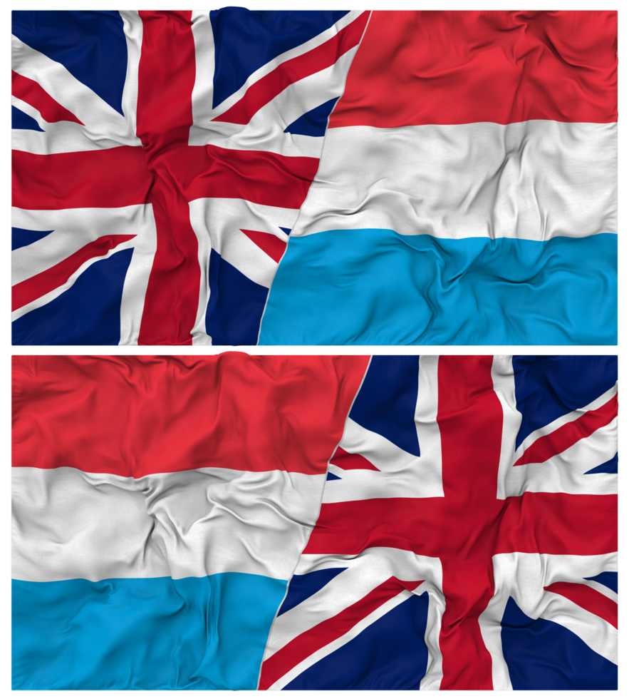 Luxembourg and United Kingdom Half Combined Flags Background with Cloth Bump Texture, Bilateral Relations, Peace and Conflict, 3D Rendering png