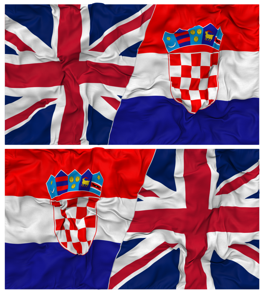 Kroatien und vereinigt Königreich Hälfte kombiniert Flaggen Hintergrund mit Stoff stoßen Textur, bilateral Beziehungen, Frieden und Konflikt, 3d Rendern png