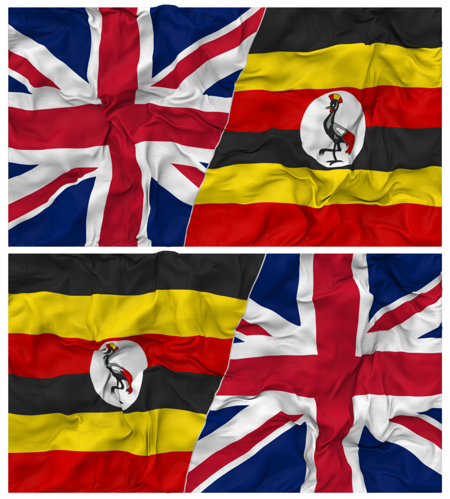 Uganda and United Kingdom Half Combined Flags Background with Cloth Bump Texture, Bilateral Relations, Peace and Conflict, 3D Rendering png