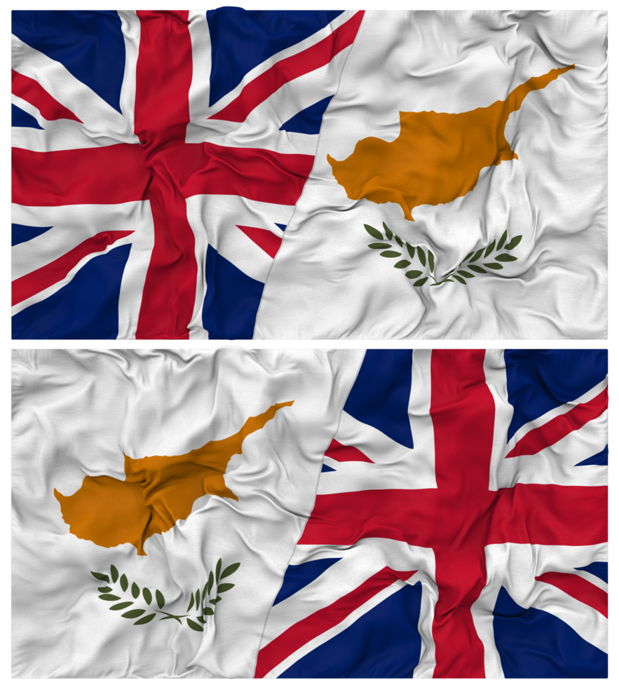 Cyprus and United Kingdom Half Combined Flags Background with Cloth Bump Texture, Bilateral Relations, Peace and Conflict, 3D Rendering png