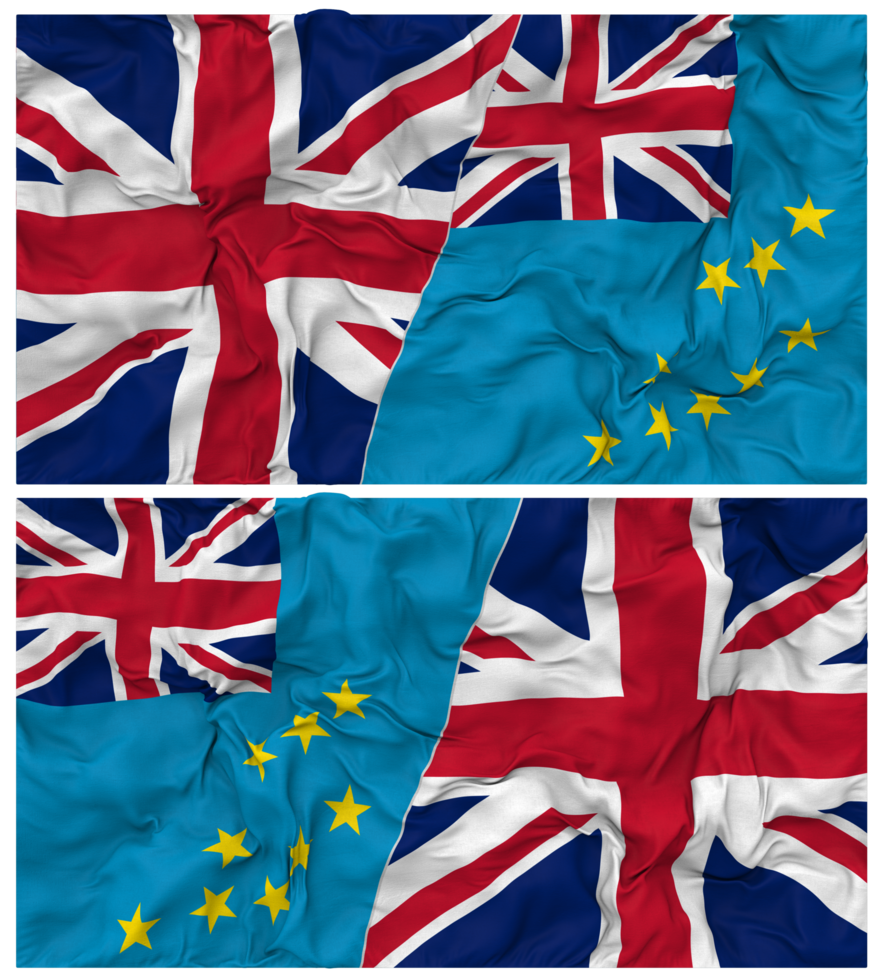 Tuvalu and United Kingdom Half Combined Flags Background with Cloth Bump Texture, Bilateral Relations, Peace and Conflict, 3D Rendering png
