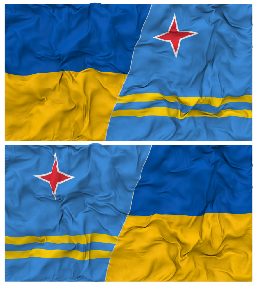 Aruba and Ukraine Half Combined Flags Background with Cloth Bump Texture, Bilateral Relations, Peace and Conflict, 3D Rendering png