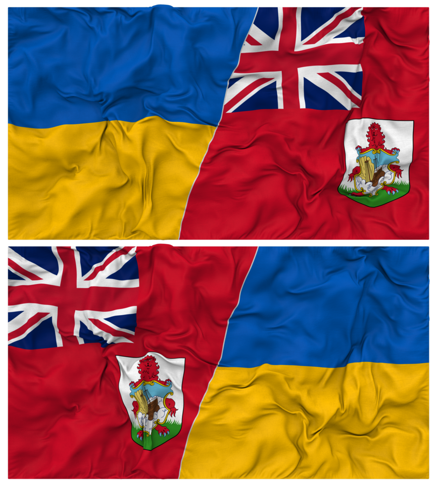 Bermuda and Ukraine Half Combined Flags Background with Cloth Bump Texture, Bilateral Relations, Peace and Conflict, 3D Rendering png