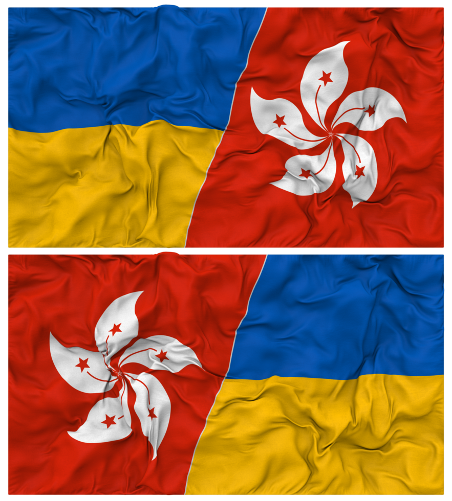 Hong Kong and Ukraine Half Combined Flags Background with Cloth Bump Texture, Bilateral Relations, Peace and Conflict, 3D Rendering png