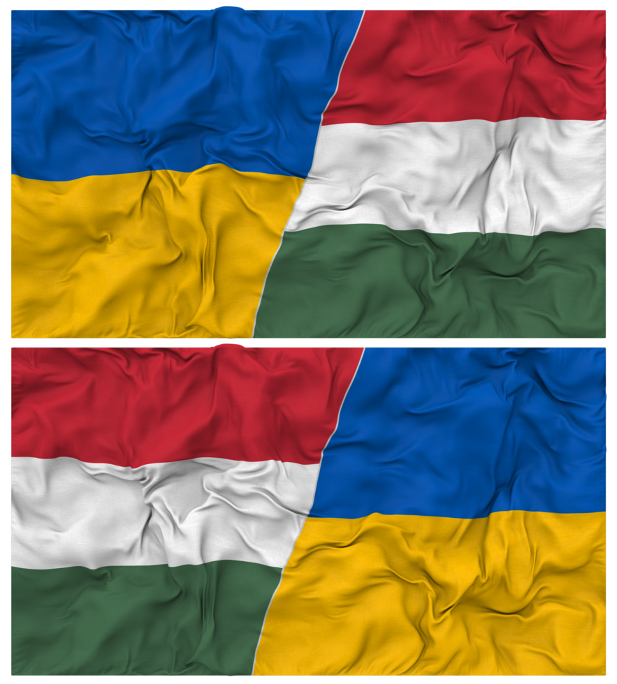 Hungary and Ukraine Half Combined Flags Background with Cloth Bump Texture, Bilateral Relations, Peace and Conflict, 3D Rendering png
