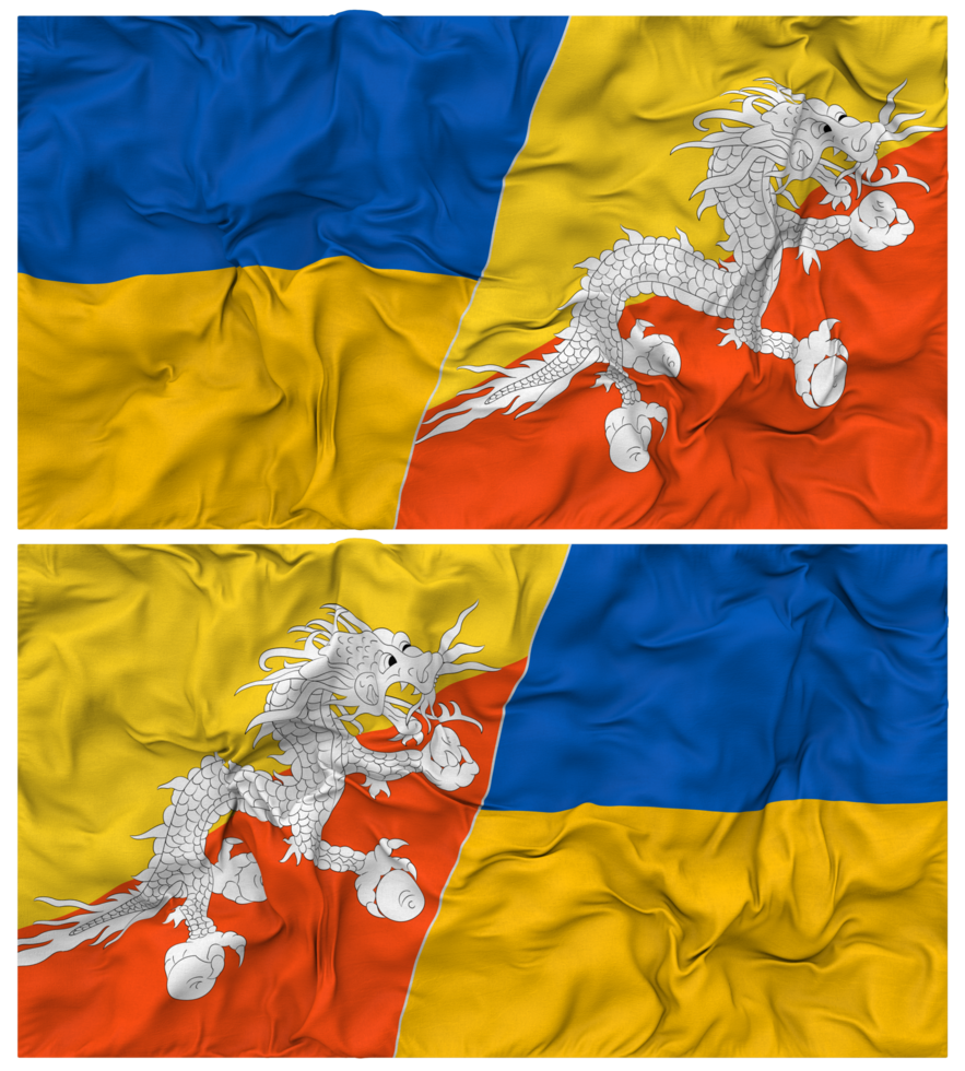 Bhutan and Ukraine Half Combined Flags Background with Cloth Bump Texture, Bilateral Relations, Peace and Conflict, 3D Rendering png