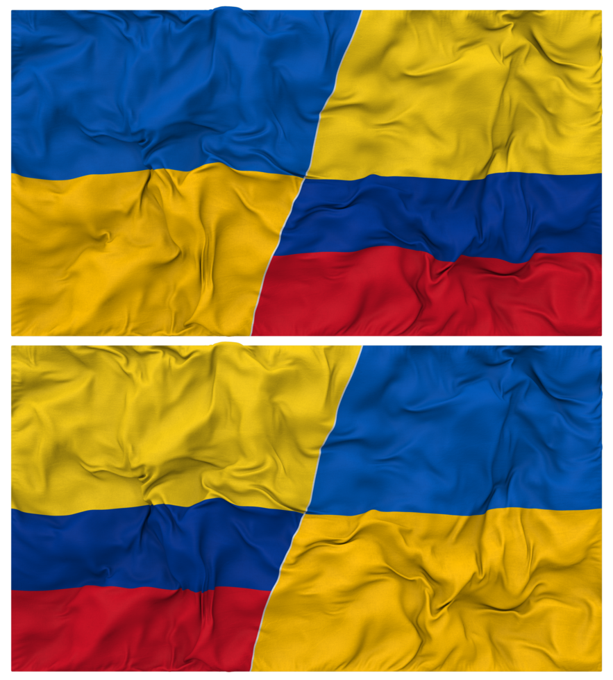 Colombia and Ukraine Half Combined Flags Background with Cloth Bump Texture, Bilateral Relations, Peace and Conflict, 3D Rendering png