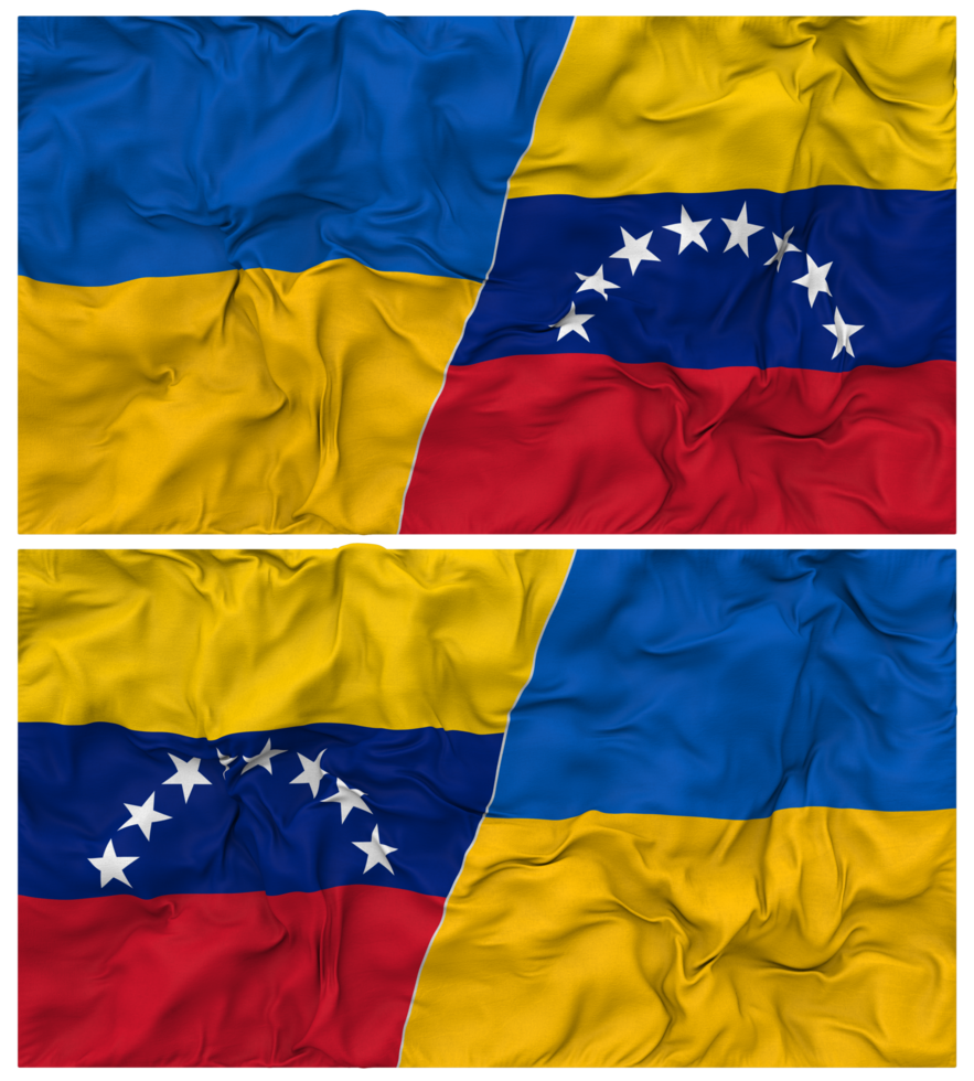 Bolivarian Republic of Venezuela and Ukraine Half Combined Flags Background with Cloth Bump Texture, Bilateral Relations, Peace and Conflict, 3D Rendering png