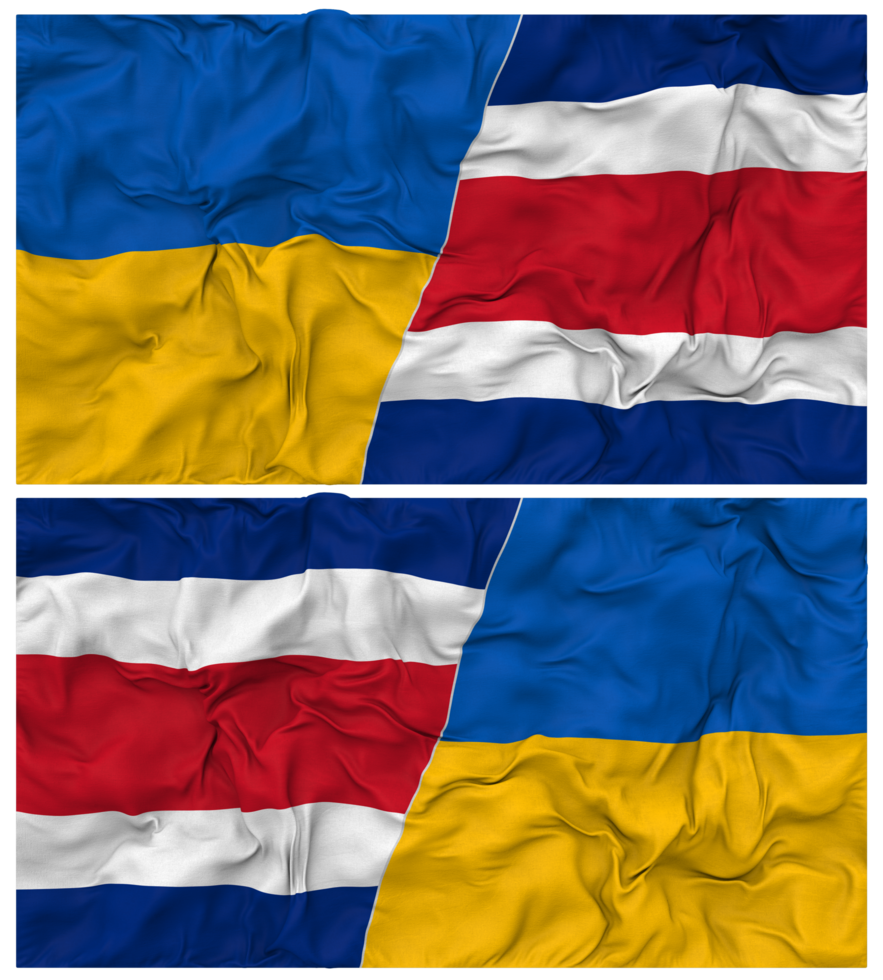 Costa Rica and Ukraine Half Combined Flags Background with Cloth Bump Texture, Bilateral Relations, Peace and Conflict, 3D Rendering png