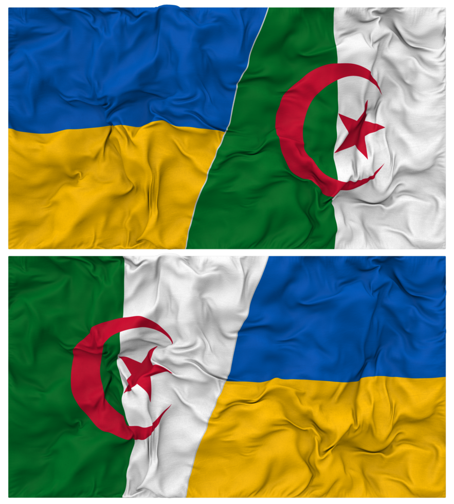 Algeria and Ukraine Half Combined Flags Background with Cloth Bump Texture, Bilateral Relations, Peace and Conflict, 3D Rendering png