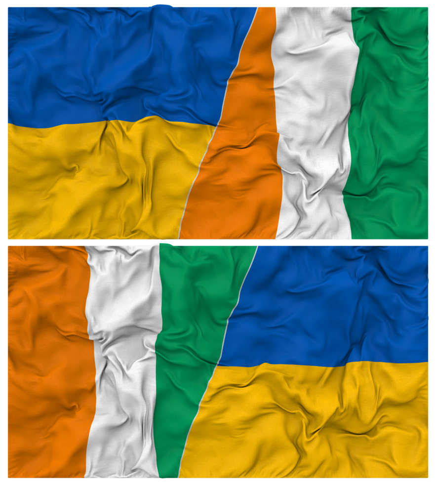 Ivory Coast and Ukraine Half Combined Flags Background with Cloth Bump Texture, Bilateral Relations, Peace and Conflict, 3D Rendering png