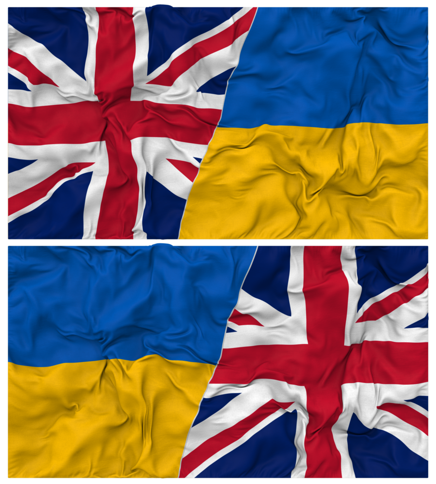 Ukraine and United Kingdom Half Combined Flags Background with Cloth Bump Texture, Bilateral Relations, Peace and Conflict, 3D Rendering png
