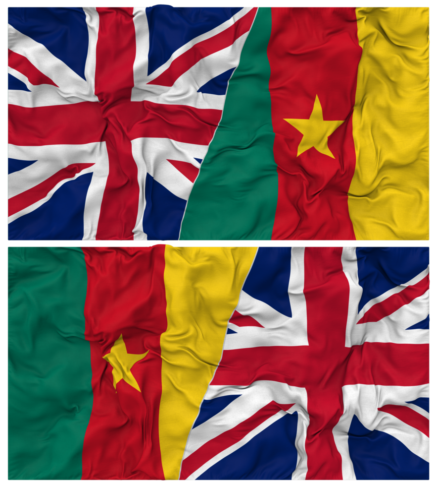 Cameroon and United Kingdom Half Combined Flags Background with Cloth Bump Texture, Bilateral Relations, Peace and Conflict, 3D Rendering png
