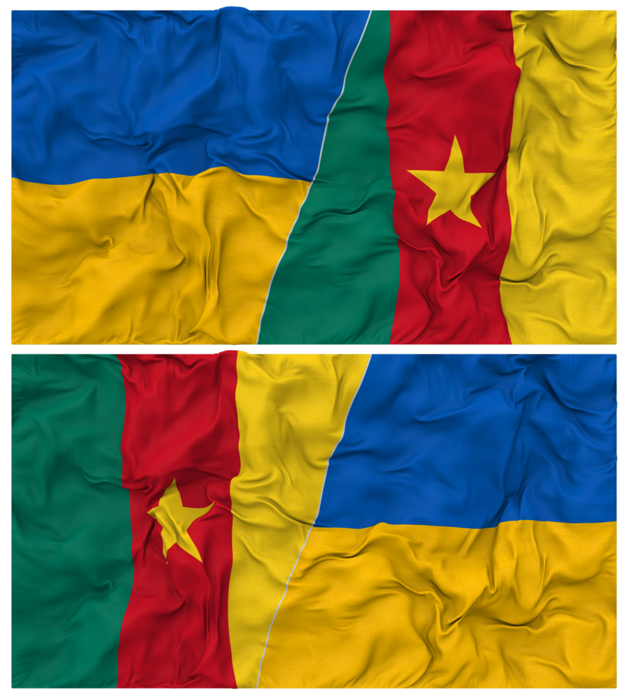 Cameroon and Ukraine Half Combined Flags Background with Cloth Bump Texture, Bilateral Relations, Peace and Conflict, 3D Rendering png