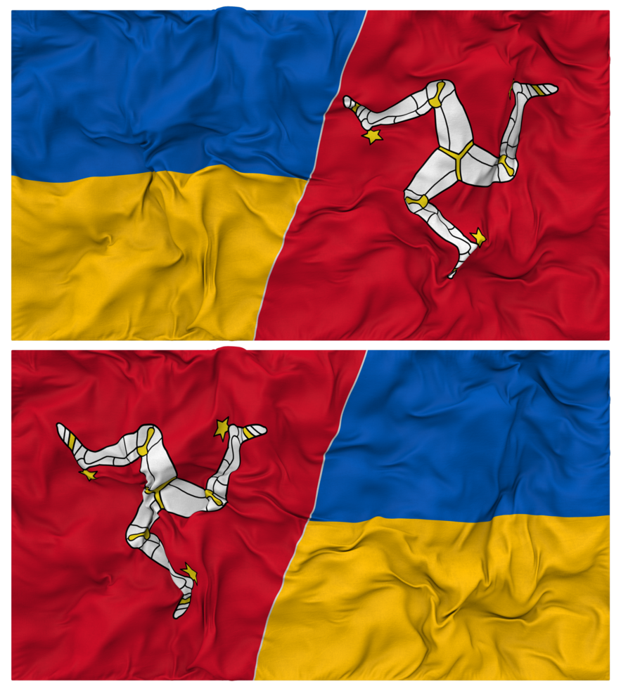 Isle of Man and Ukraine Half Combined Flags Background with Cloth Bump Texture, Bilateral Relations, Peace and Conflict, 3D Rendering png