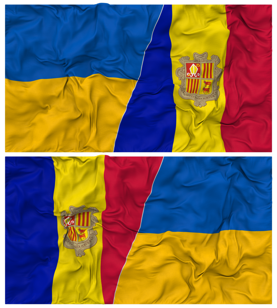 Andorra and Ukraine Half Combined Flags Background with Cloth Bump Texture, Bilateral Relations, Peace and Conflict, 3D Rendering png