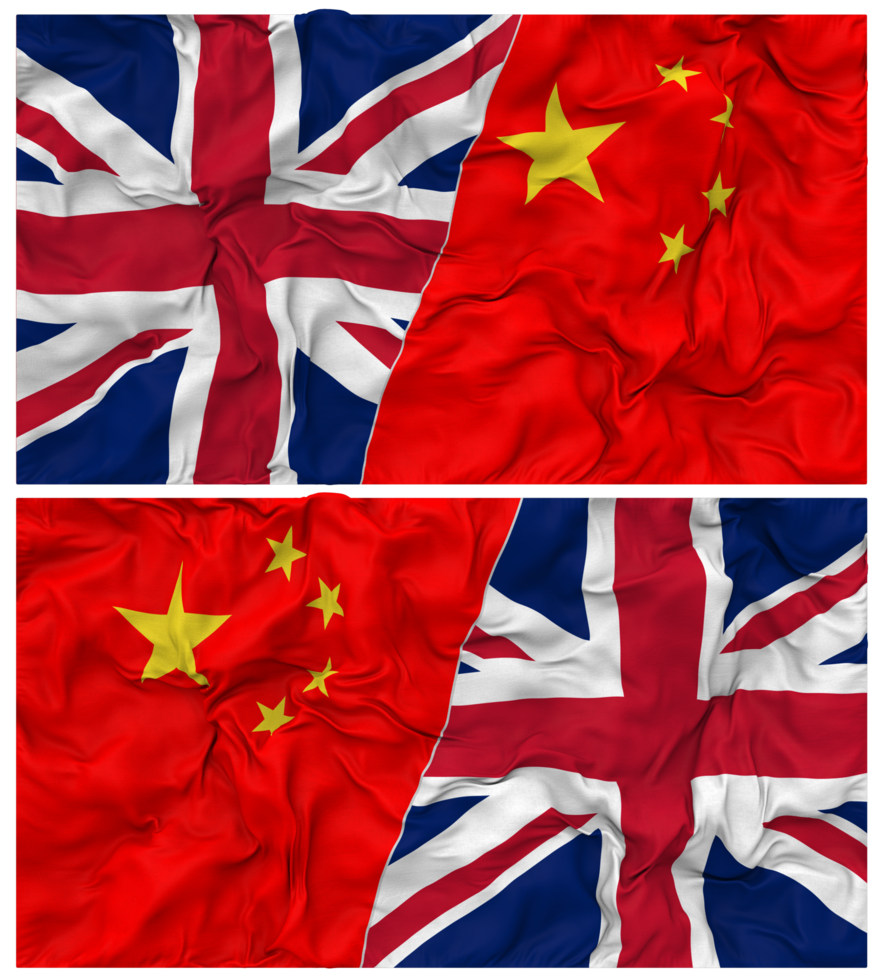 China and United Kingdom Half Combined Flags Background with Cloth Bump Texture, Bilateral Relations, Peace and Conflict, 3D Rendering png