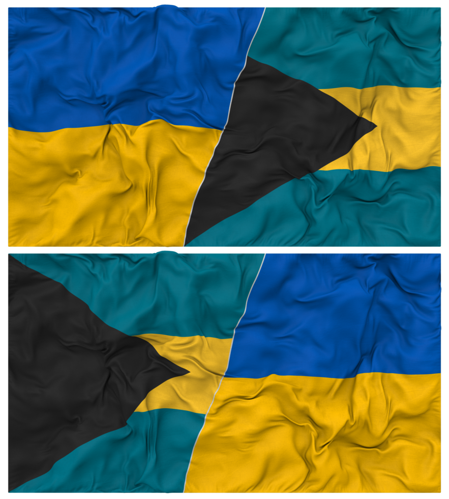 Bahamas and Ukraine Half Combined Flags Background with Cloth Bump Texture, Bilateral Relations, Peace and Conflict, 3D Rendering png