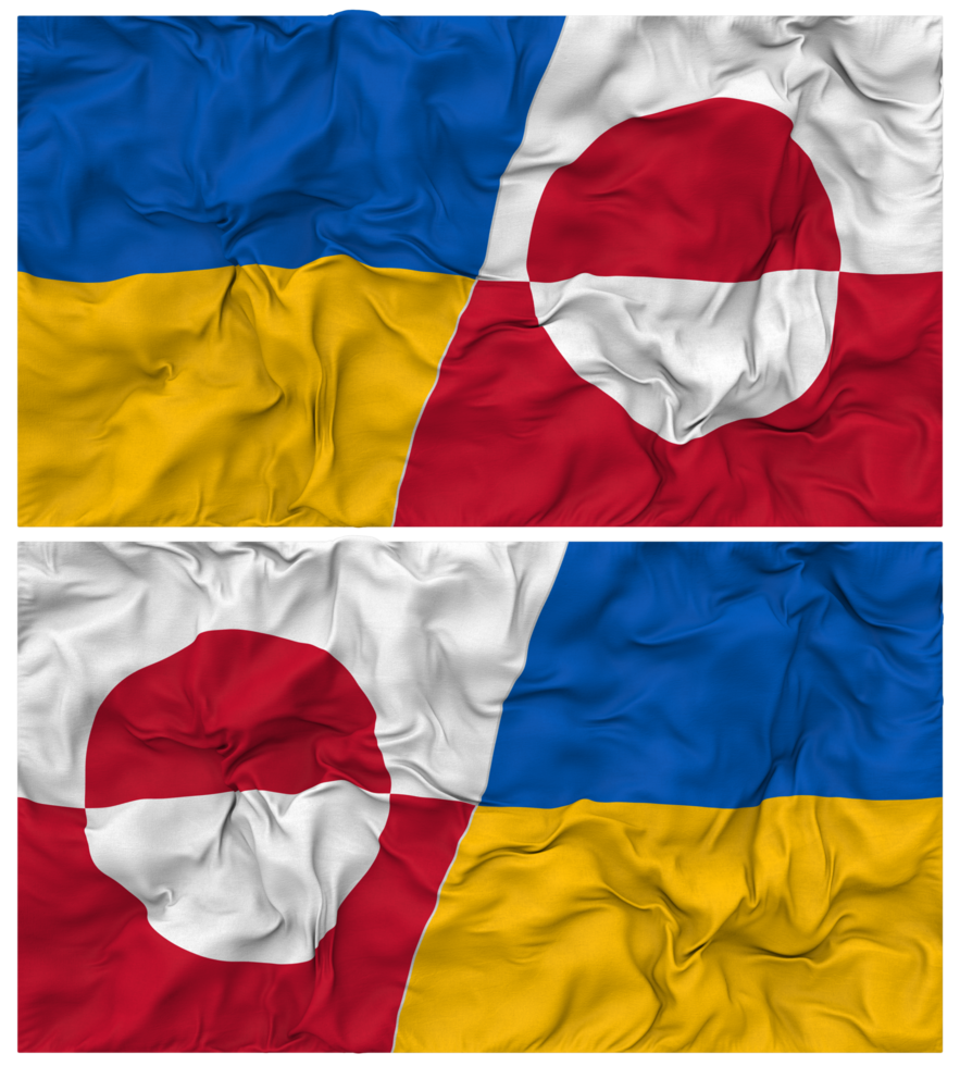 Greenland and Ukraine Half Combined Flags Background with Cloth Bump Texture, Bilateral Relations, Peace and Conflict, 3D Rendering png