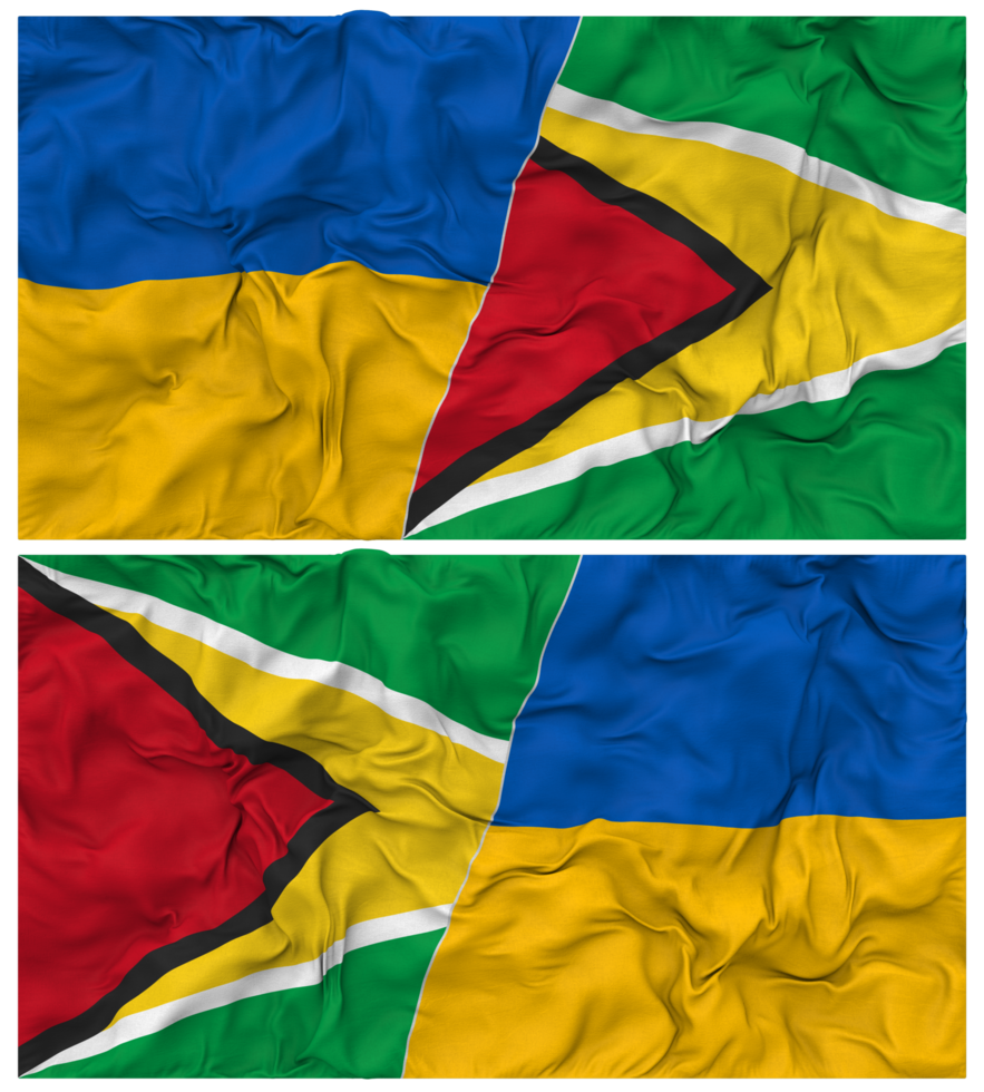Guyana and Ukraine Half Combined Flags Background with Cloth Bump Texture, Bilateral Relations, Peace and Conflict, 3D Rendering png