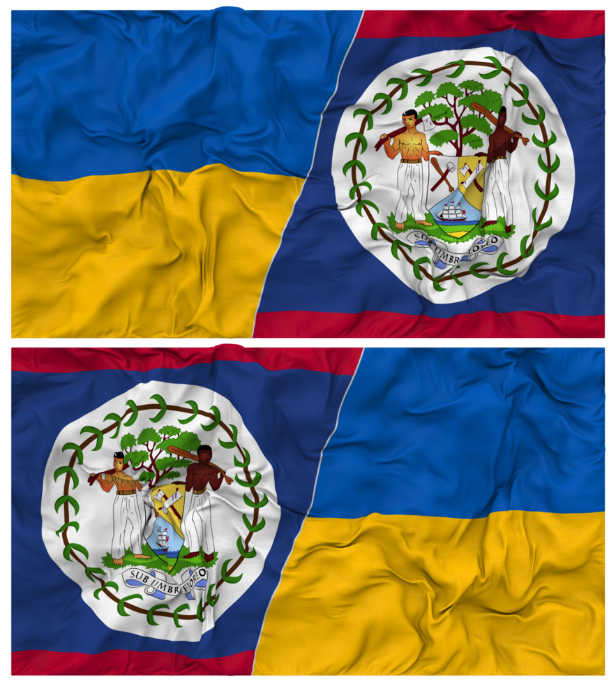 Belize and Ukraine Half Combined Flags Background with Cloth Bump Texture, Bilateral Relations, Peace and Conflict, 3D Rendering png