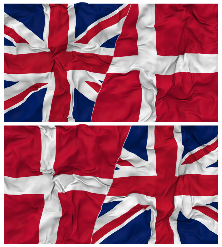 Denmark and United Kingdom Half Combined Flags Background with Cloth Bump Texture, Bilateral Relations, Peace and Conflict, 3D Rendering png
