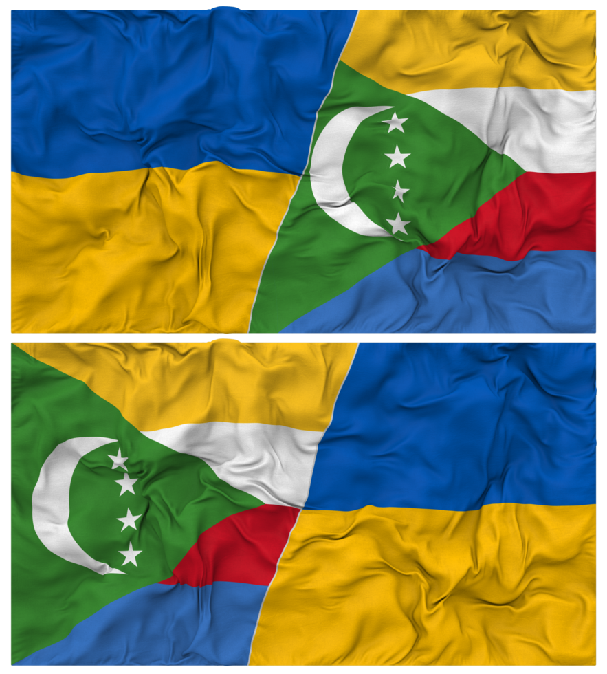 Comoros and Ukraine Half Combined Flags Background with Cloth Bump Texture, Bilateral Relations, Peace and Conflict, 3D Rendering png