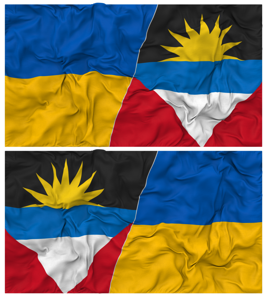 Antigua and Barbuda and Ukraine Half Combined Flags Background with Cloth Bump Texture, Bilateral Relations, Peace and Conflict, 3D Rendering png