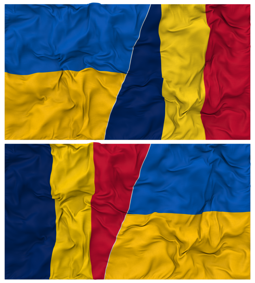 Chad and Ukraine Half Combined Flags Background with Cloth Bump Texture, Bilateral Relations, Peace and Conflict, 3D Rendering png