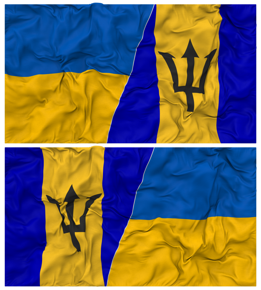 Barbados and Ukraine Half Combined Flags Background with Cloth Bump Texture, Bilateral Relations, Peace and Conflict, 3D Rendering png