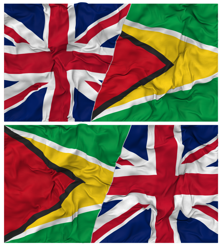 Guyana and United Kingdom Half Combined Flags Background with Cloth Bump Texture, Bilateral Relations, Peace and Conflict, 3D Rendering png
