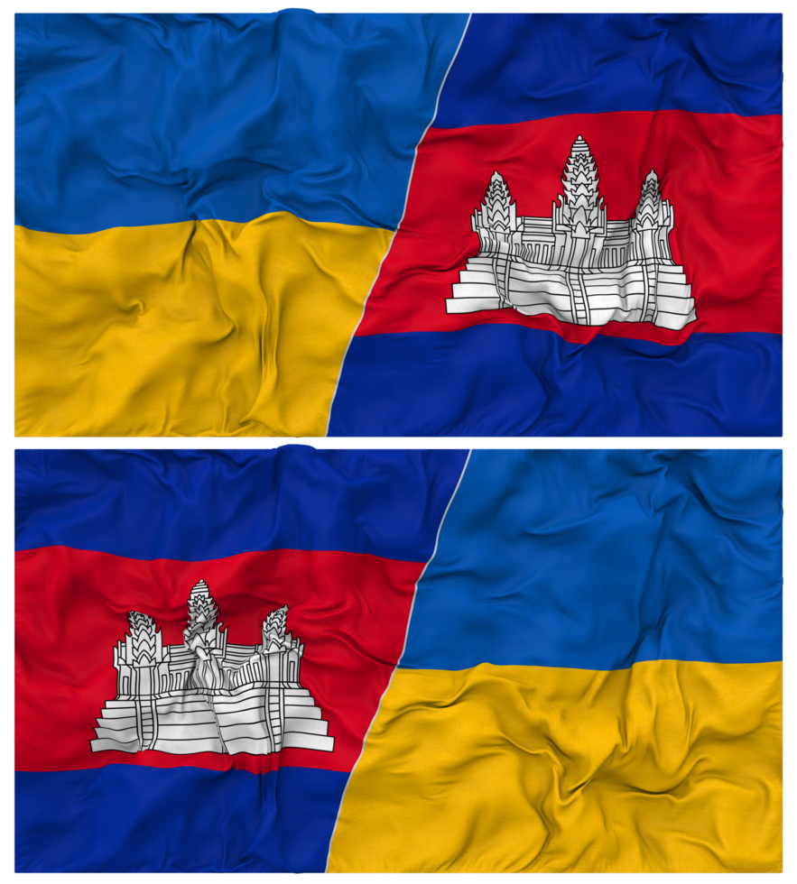 Cambodia and Ukraine Half Combined Flags Background with Cloth Bump Texture, Bilateral Relations, Peace and Conflict, 3D Rendering png