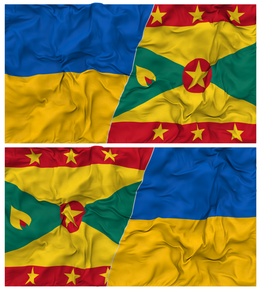 Grenada and Ukraine Half Combined Flags Background with Cloth Bump Texture, Bilateral Relations, Peace and Conflict, 3D Rendering png