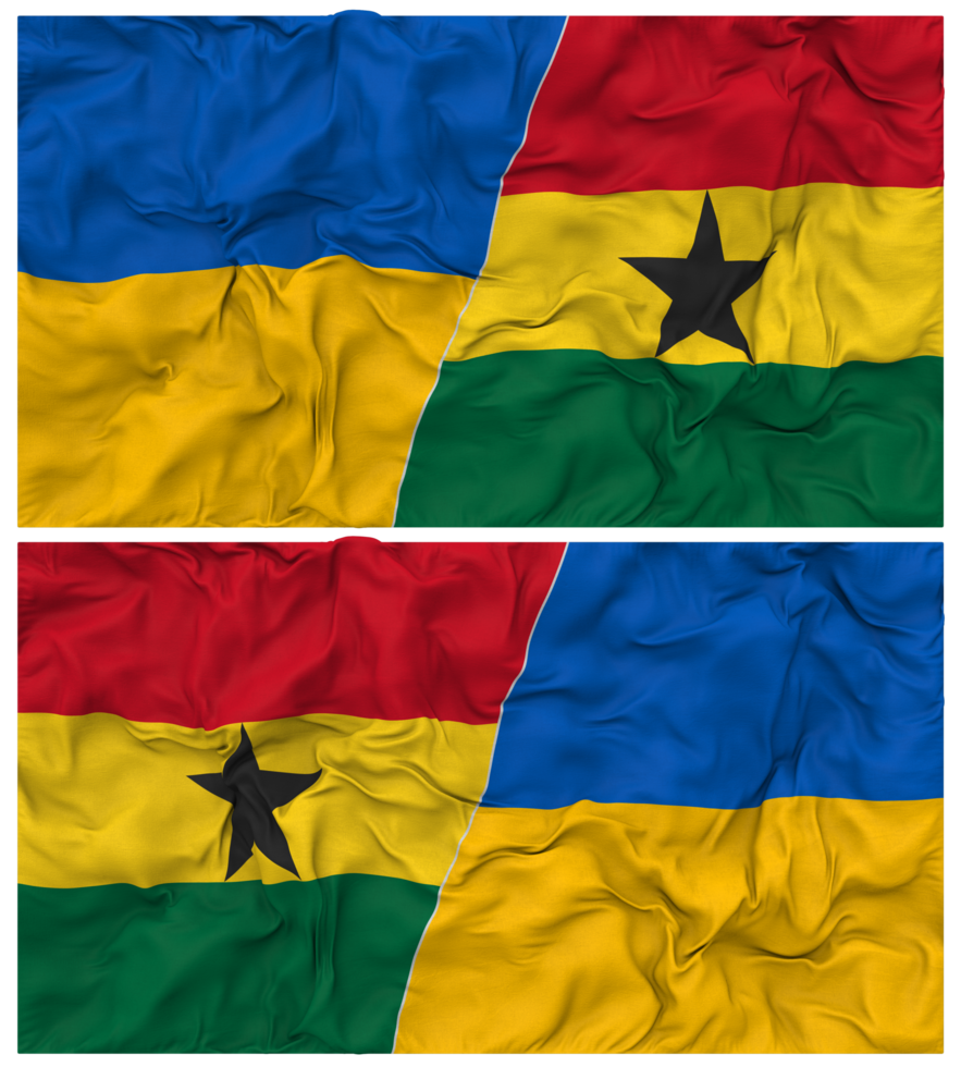 Ghana and Ukraine Half Combined Flags Background with Cloth Bump Texture, Bilateral Relations, Peace and Conflict, 3D Rendering png