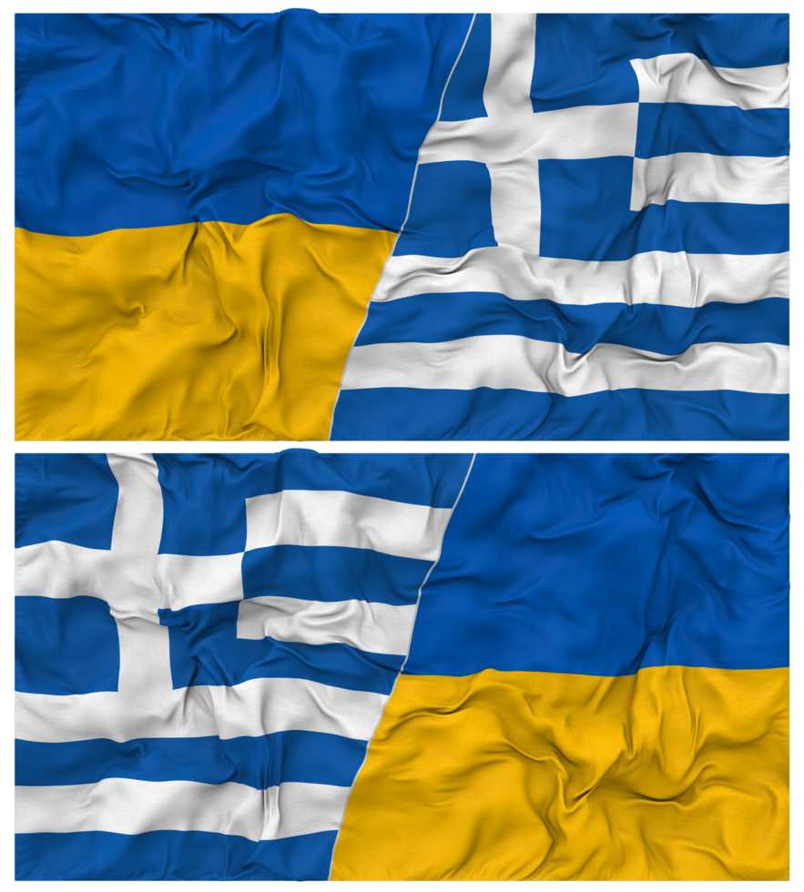 Greece and Ukraine Half Combined Flags Background with Cloth Bump Texture, Bilateral Relations, Peace and Conflict, 3D Rendering png