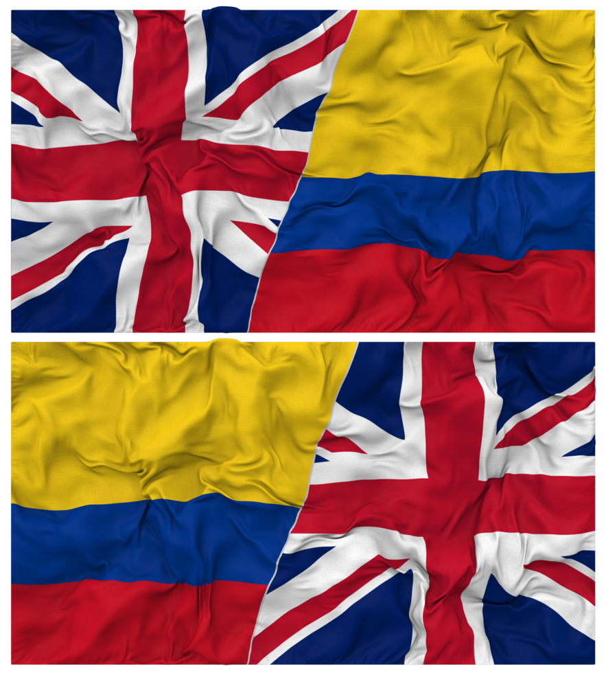 Colombia and United Kingdom Half Combined Flags Background with Cloth Bump Texture, Bilateral Relations, Peace and Conflict, 3D Rendering png