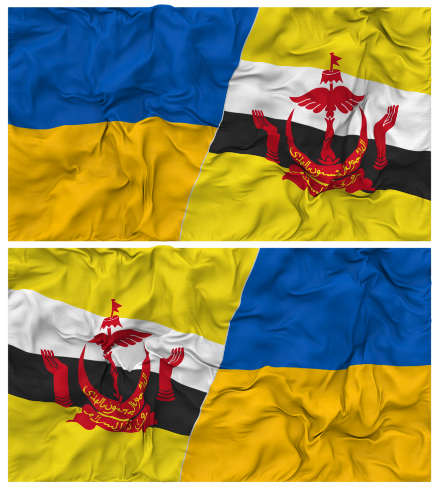 Brunei and Ukraine Half Combined Flags Background with Cloth Bump Texture, Bilateral Relations, Peace and Conflict, 3D Rendering png