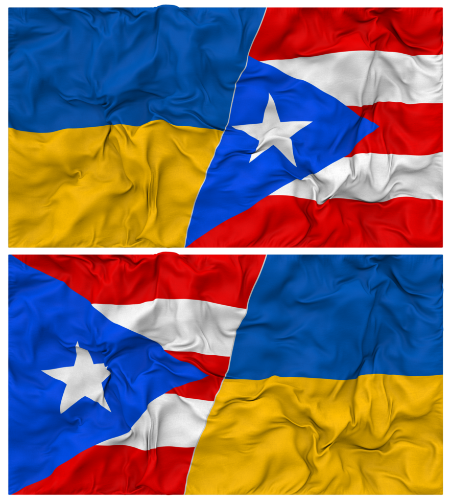 puerto rico y Ucrania medio conjunto banderas antecedentes con paño bache textura, bilateral relaciones, paz y conflicto, 3d representación png