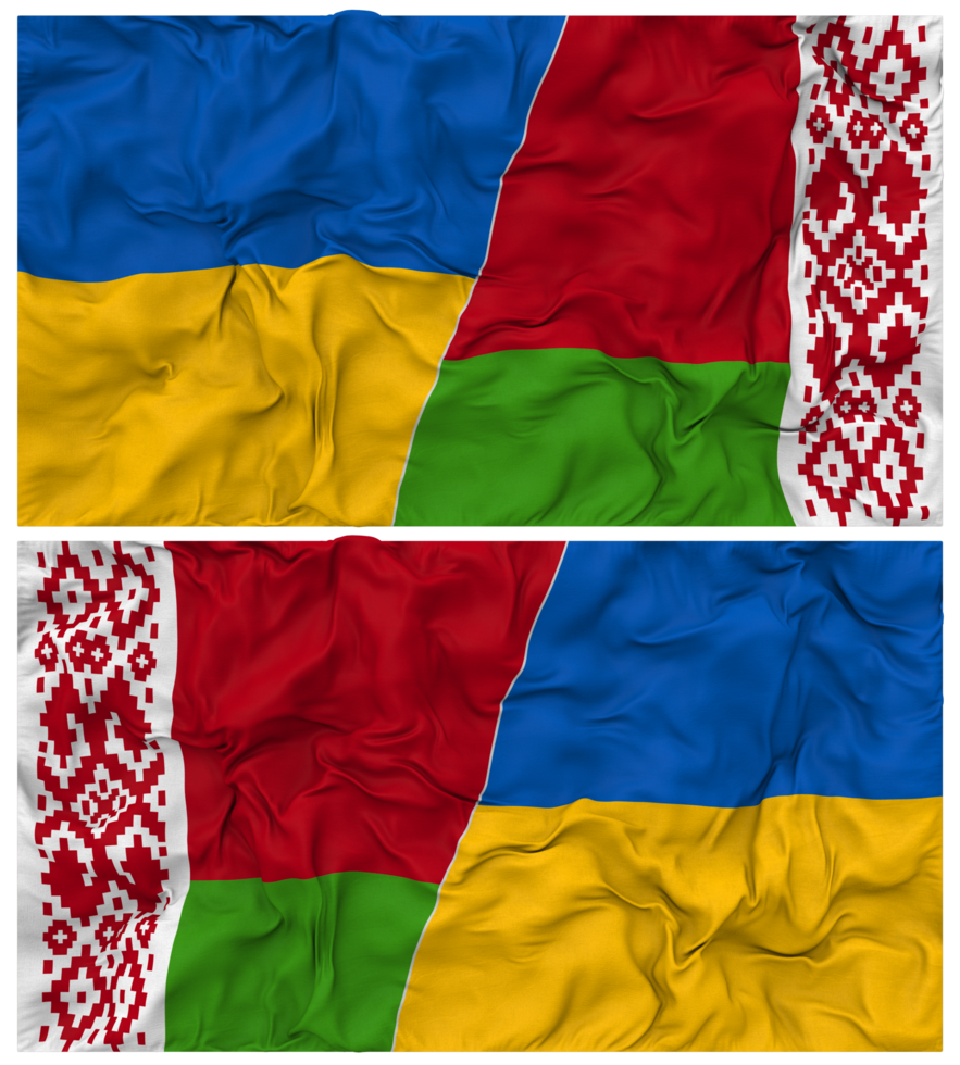 Belarus and Ukraine Half Combined Flags Background with Cloth Bump Texture, Bilateral Relations, Peace and Conflict, 3D Rendering png