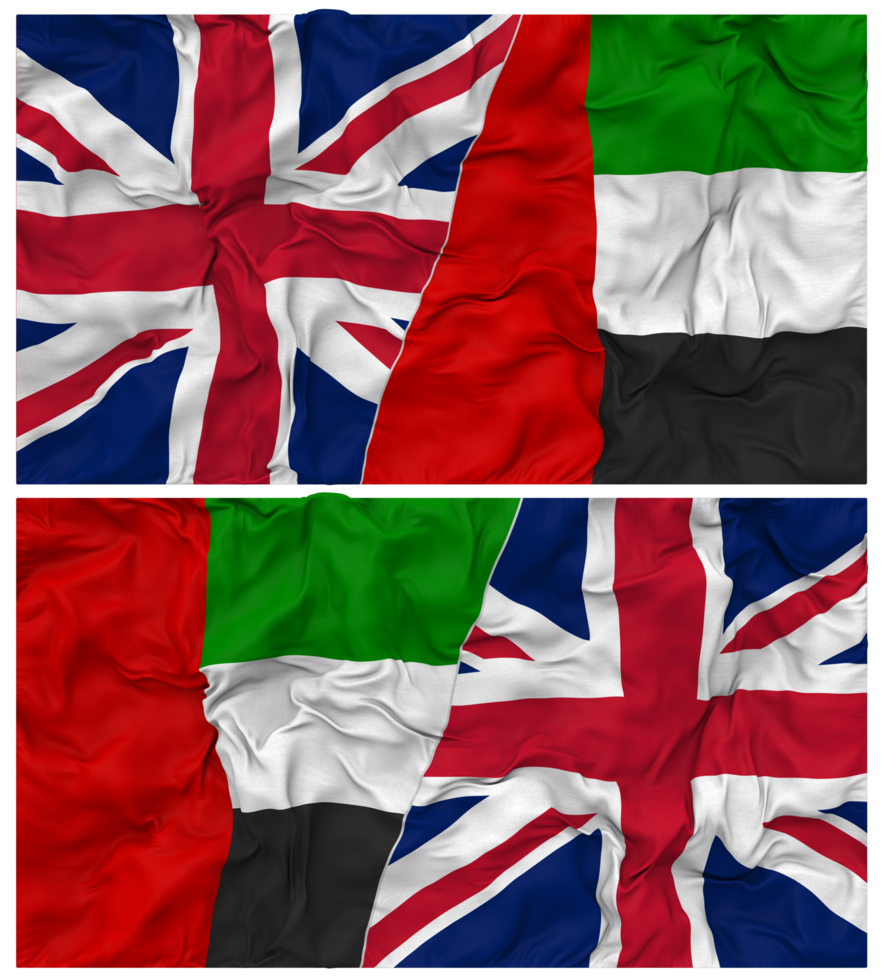 United Arab Emirates and United Kingdom Half Combined Flags Background with Cloth Bump Texture, Bilateral Relations, Peace and Conflict, 3D Rendering png