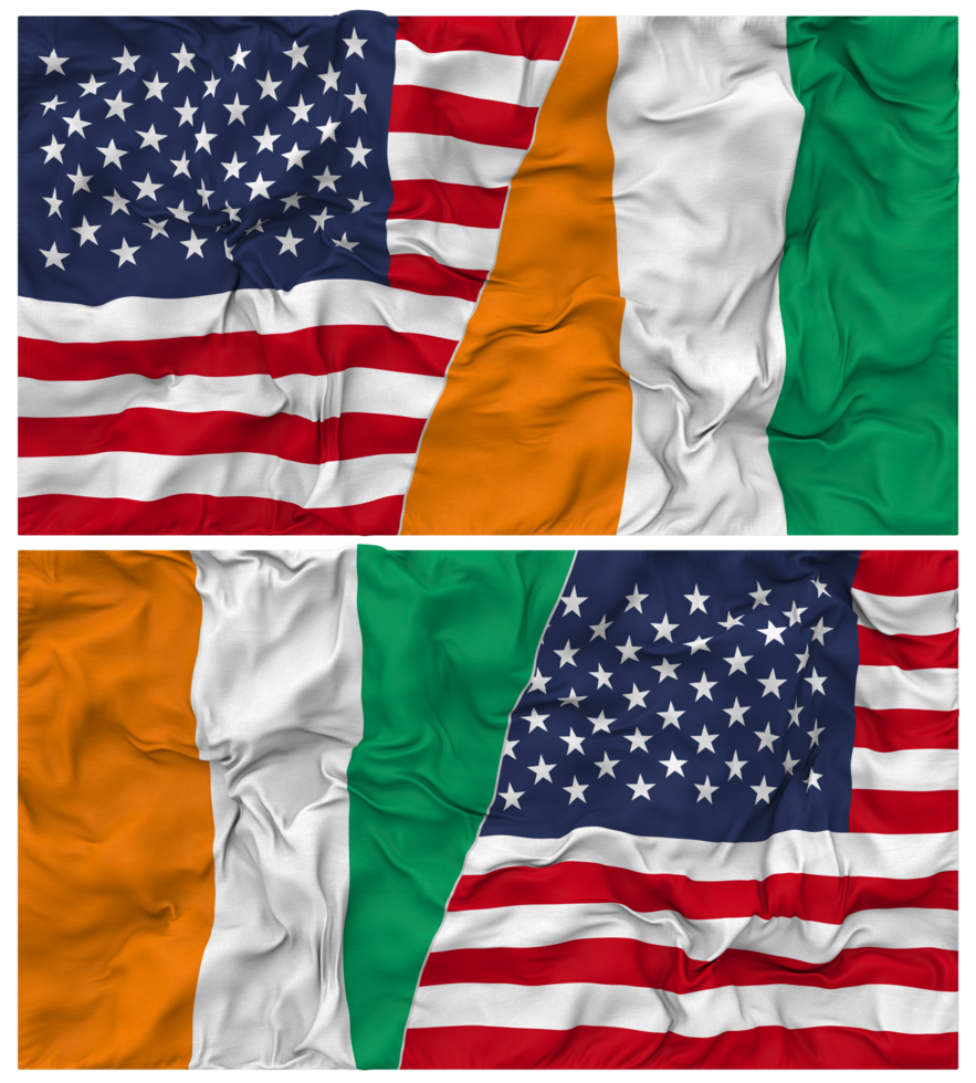 Ivory Coast and United States Half Combined Flags Background with Cloth Bump Texture, Bilateral Relations, Peace and Conflict, 3D Rendering png