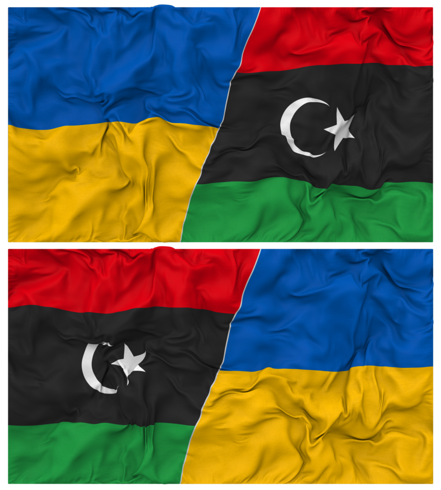 Libya and Ukraine Half Combined Flags Background with Cloth Bump Texture, Bilateral Relations, Peace and Conflict, 3D Rendering png