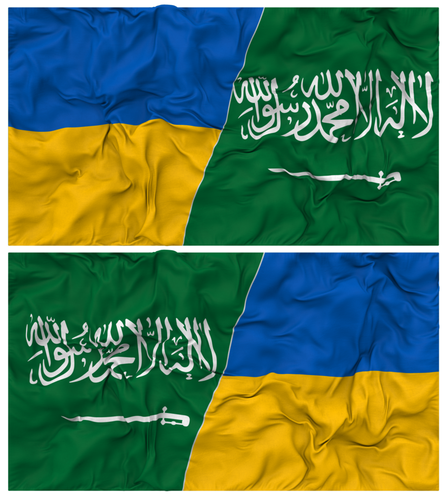 KSA, Kingdom of Saudi Arabia and Ukraine Half Combined Flags Background with Cloth Bump Texture, Bilateral Relations, Peace and Conflict, 3D Rendering png