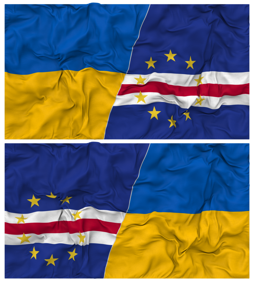 Cape Verde, Cabo Verde and Ukraine Half Combined Flags Background with Cloth Bump Texture, Bilateral Relations, Peace and Conflict, 3D Rendering png