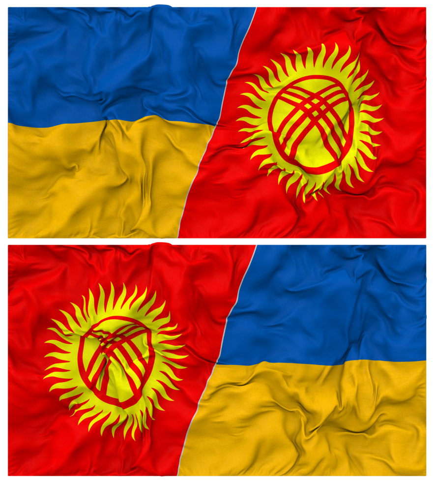 Kyrgyzstan and Ukraine Half Combined Flags Background with Cloth Bump Texture, Bilateral Relations, Peace and Conflict, 3D Rendering png