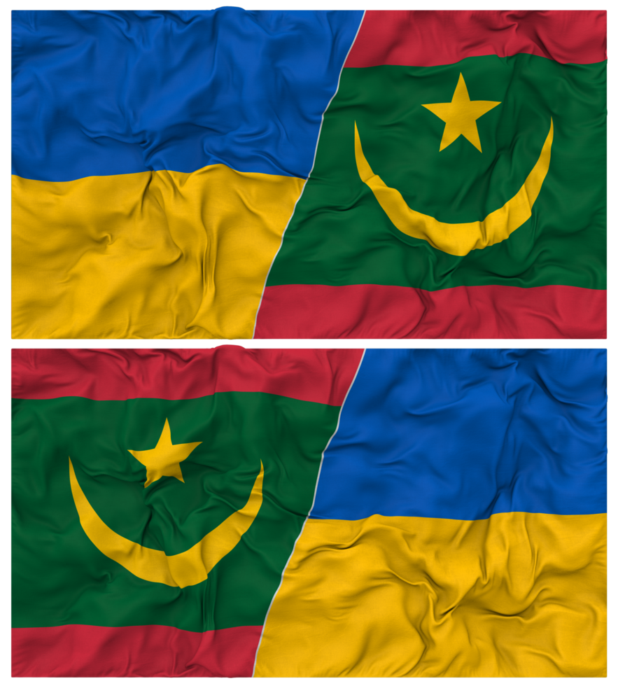 Mauritania and Ukraine Half Combined Flags Background with Cloth Bump Texture, Bilateral Relations, Peace and Conflict, 3D Rendering png